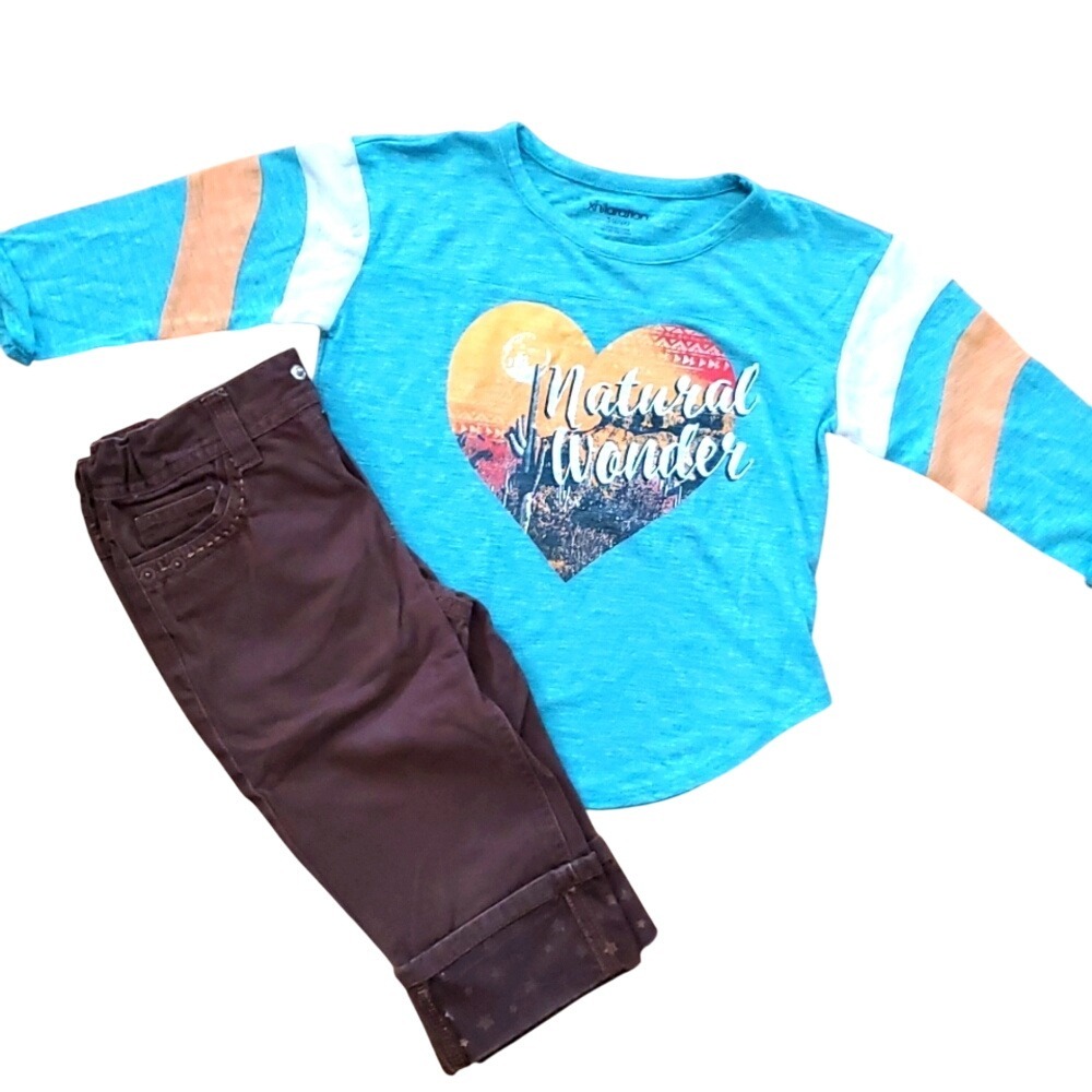 Xhilaration Desert Natural Wonder Aqua Top with Faded Glory Brown Metallic Pants